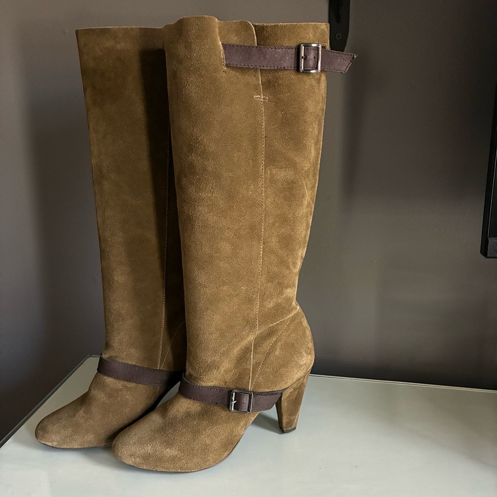 Colin Stuart Moss Green and Brown Suede Tall Heeled Boots